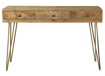 Console avec rangements 3 tiroirs en bois manguier massif gravé et métal doré L120 cm LINIUM