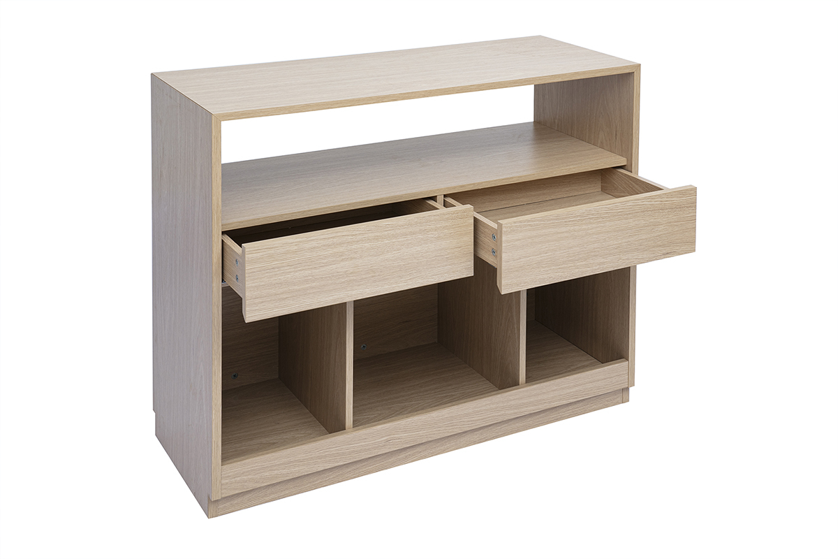 Console bois clair RUBINA avec tiroirs ouverts, trois niches de rangement. Vue 3/4.