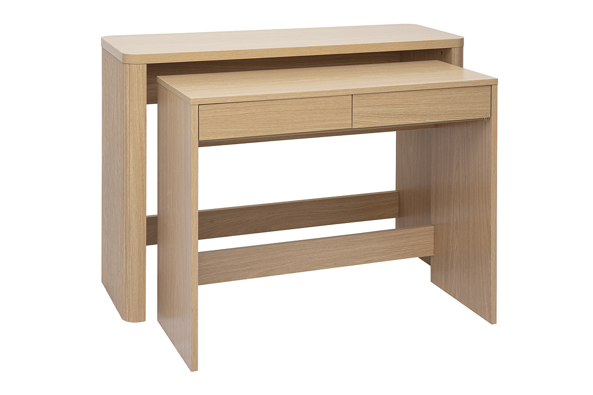 Console bureau en bois clair ch�ne avec tiroirs, vue de 3/4.