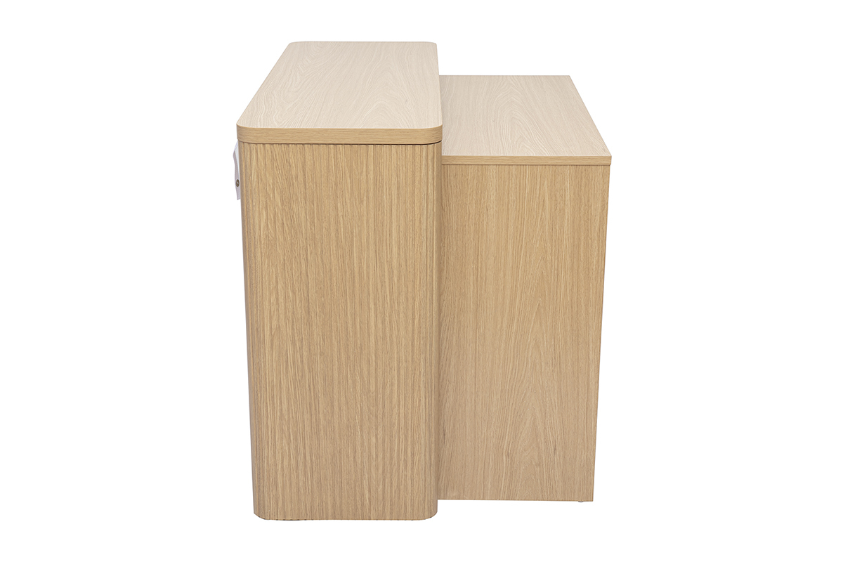 Console en bois clair ch�ne avec tiroirs, vue de c�t�.