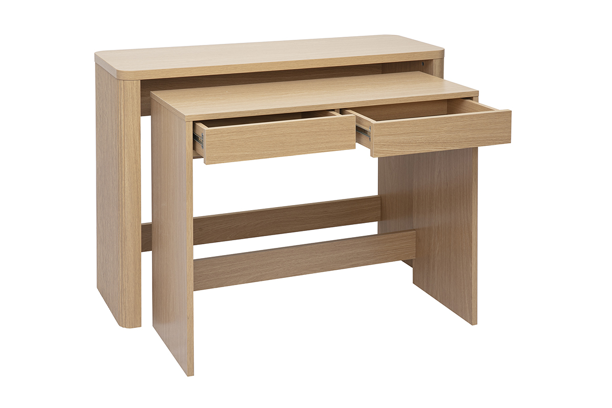 Console bureau en bois clair ch�ne avec tiroirs ouverts, vue de 3/4.