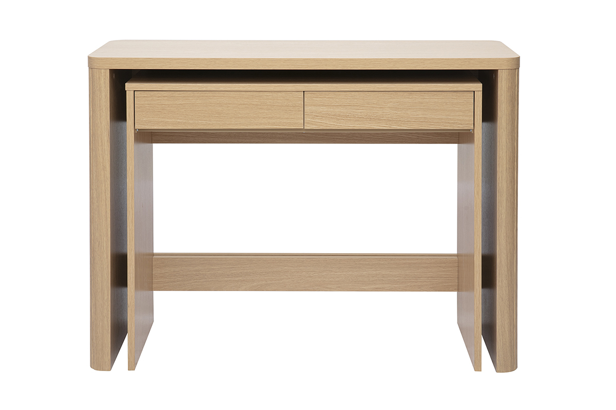 Console bureau d'appoint en bois clair ch�ne avec tiroirs, vue de face.