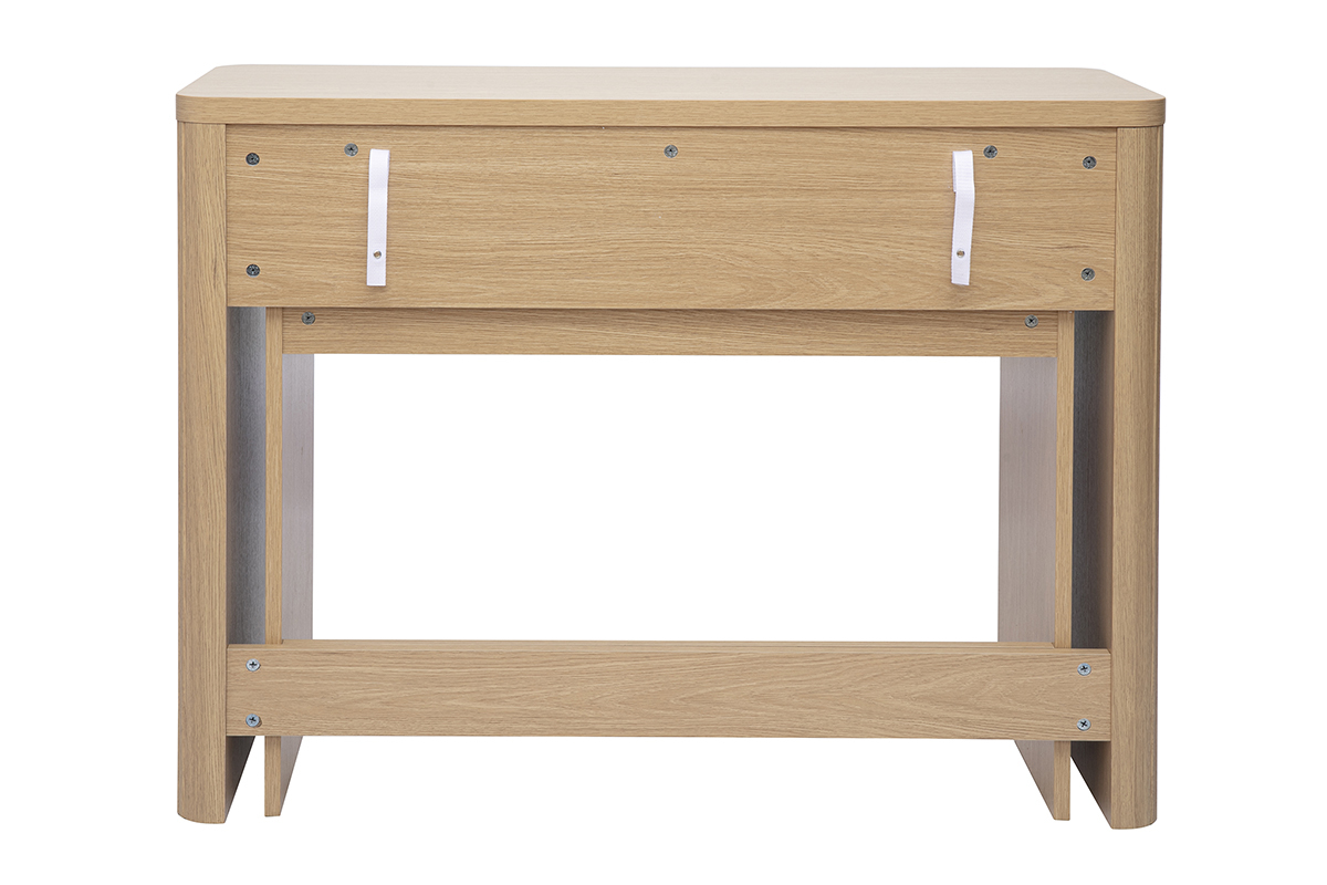 Console bureau en bois clair ch�ne avec tiroirs, vue de dos.