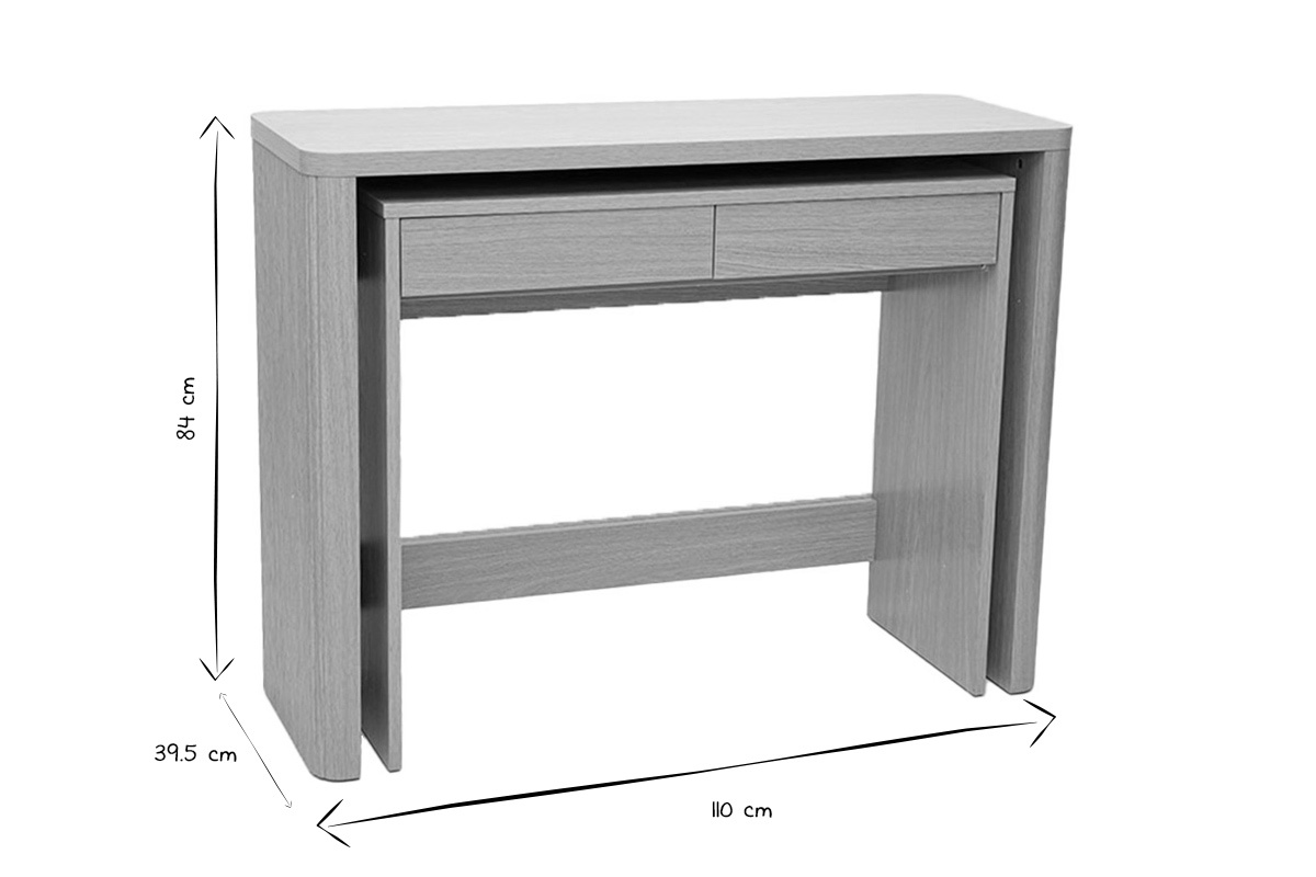 Console ENOLA avec tiroirs, dimensions 110x39,5x84 cm, vue de 3/4 en noir et blanc.