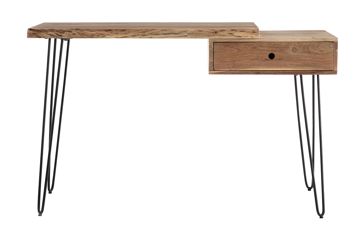 Console bureau en bois massif et m�tal noir 1 tiroir L120 cm PINA