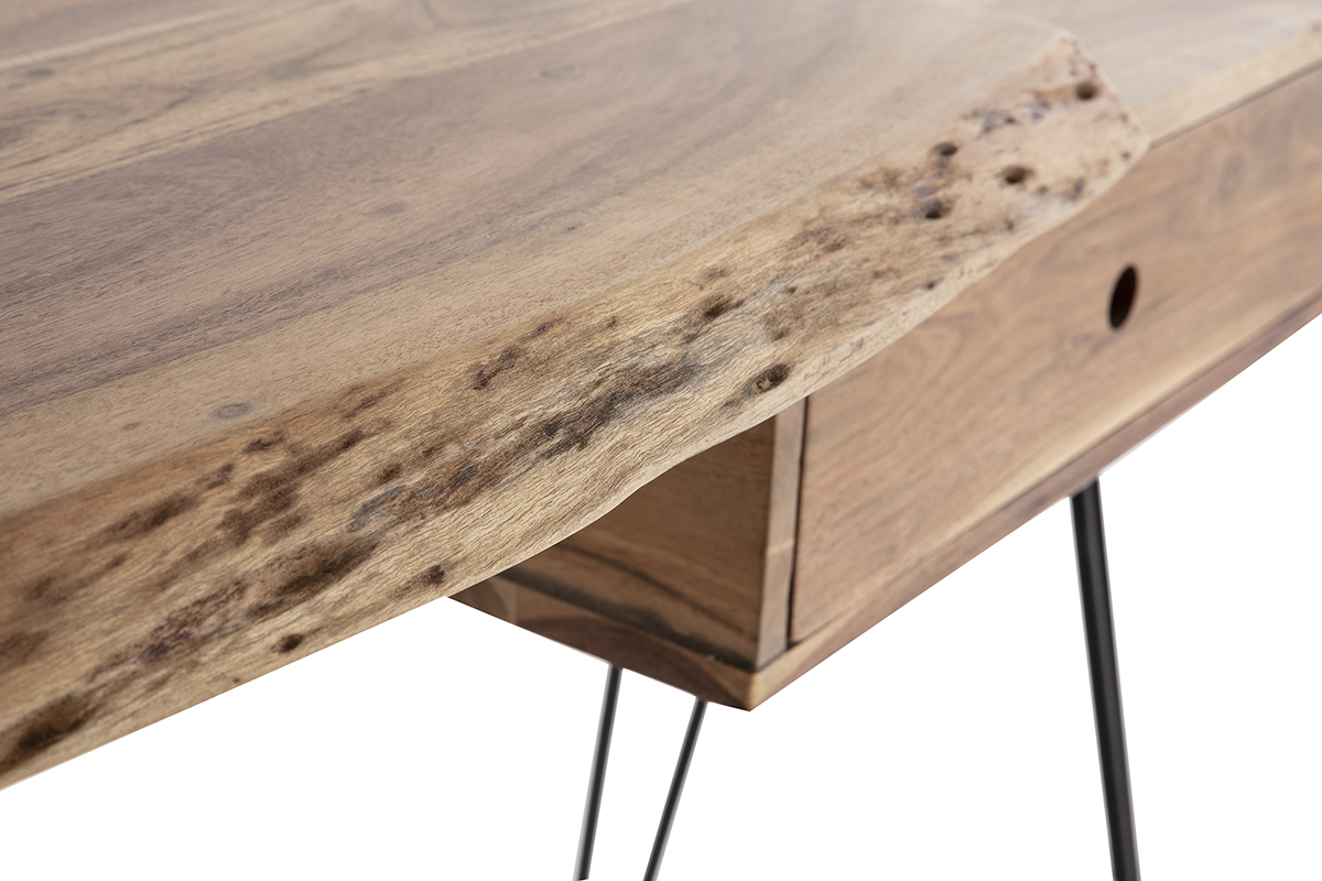 Console bureau en bois massif et m�tal noir 1 tiroir L120 cm PINA