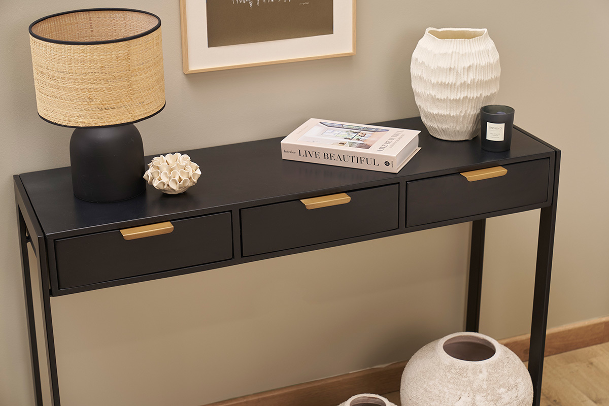 Console design avec rangements 3 tiroirs noire et mtal L115 cm AVIDAN