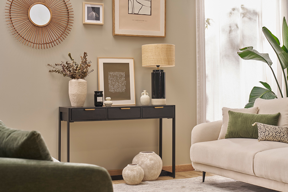 Console design avec rangements 3 tiroirs noire et mtal L115 cm AVIDAN