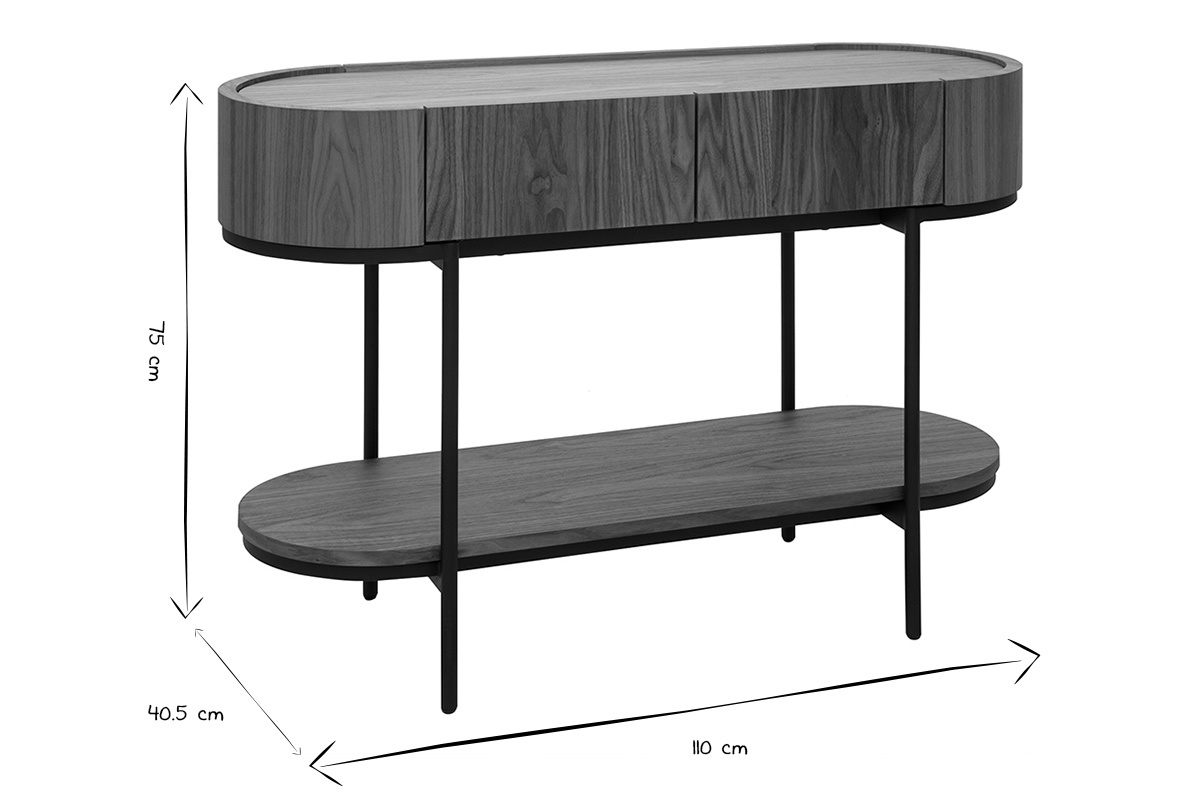 Console SKYE en bois fonc� noyer et m�tal noir, dimensions L110 x P40.5 x H75 cm, vue de profil, en noir et blanc.