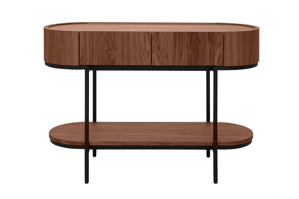 Console SKYE en bois fonc� avec tiroirs, structure en m�tal noir. Vue de face.