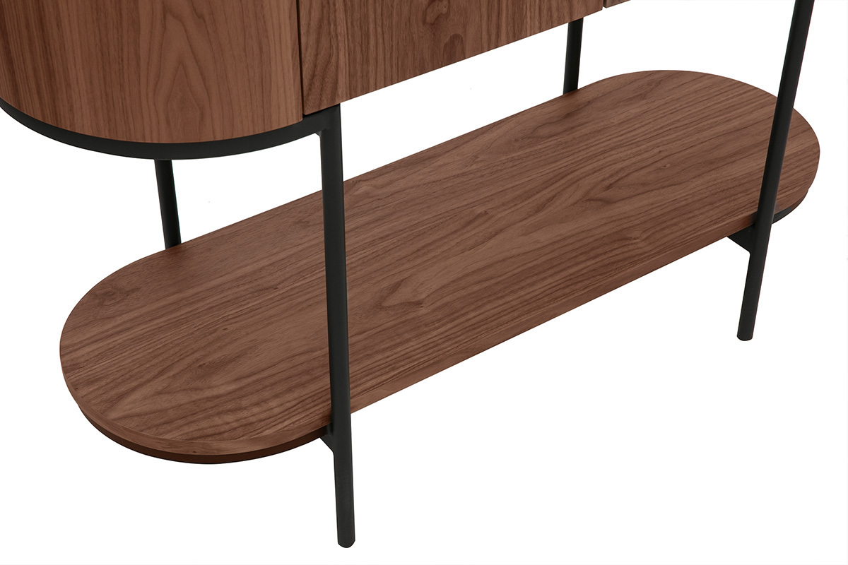 Vue rapproch�e d'une console en bois fonc� noyer avec structure en m�tal noir et plateau bas ovale.