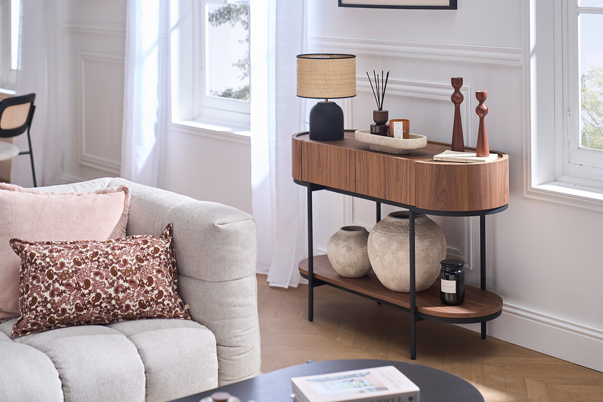 Console design avec tiroirs en bois fonc� noyer et m�tal noir L110 cm SKYE