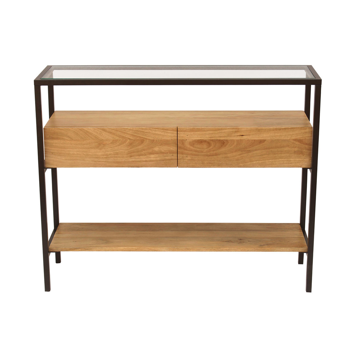 Console en bois clair manguier massif et plateau en verre 2 tiroirs L100 cm SITA Console en bois clair manguier massif et plateau en verre 2 tiroirs L100 cm SITA