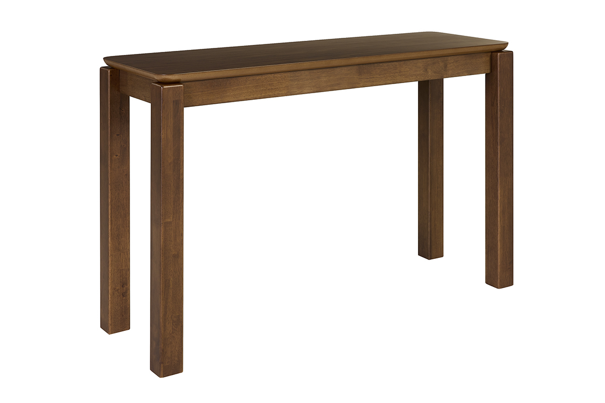 Console en bois fonc� noyer, vue de 3/4, avec pieds parall�les et surface lisse.
