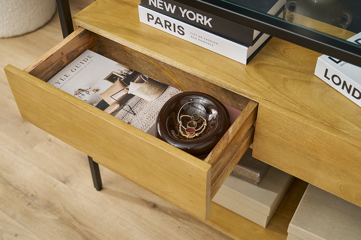 Console en bois manguier massif et plateau en verre 2 tiroirs L100 cm SITA