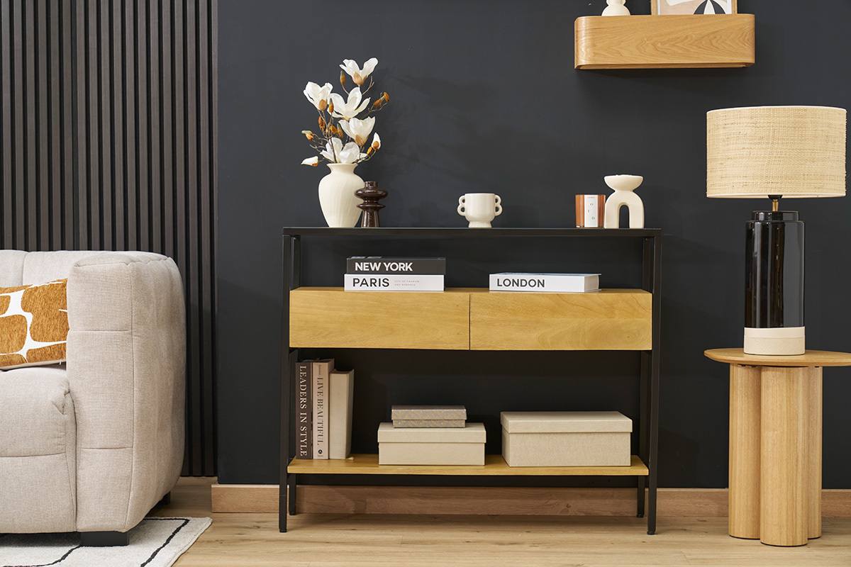 Console en bois manguier massif et plateau en verre 2 tiroirs L100 cm SITA