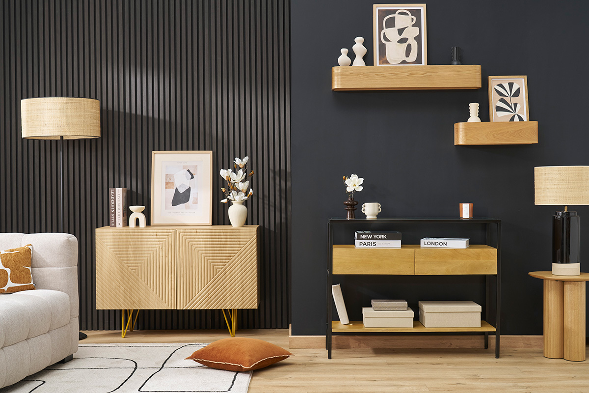 Console en bois manguier massif et plateau en verre 2 tiroirs L100 cm SITA