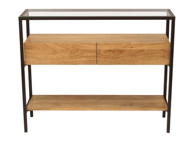 Console en bois manguier massif et plateau en verre 2 tiroirs L100 cm SITA