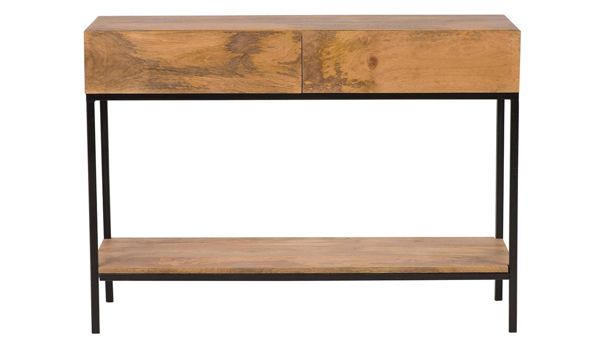Console industrielle avec rangements 2 tiroirs en bois clair manguier massif et métal noir L110 cm YPSTER