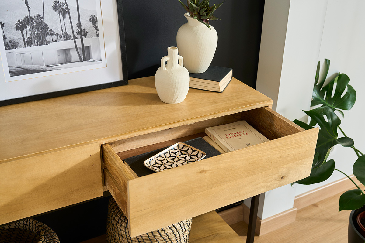 Console industrielle avec rangements 2 tiroirs en bois manguier massif et mtal noir L110 cm YPSTER