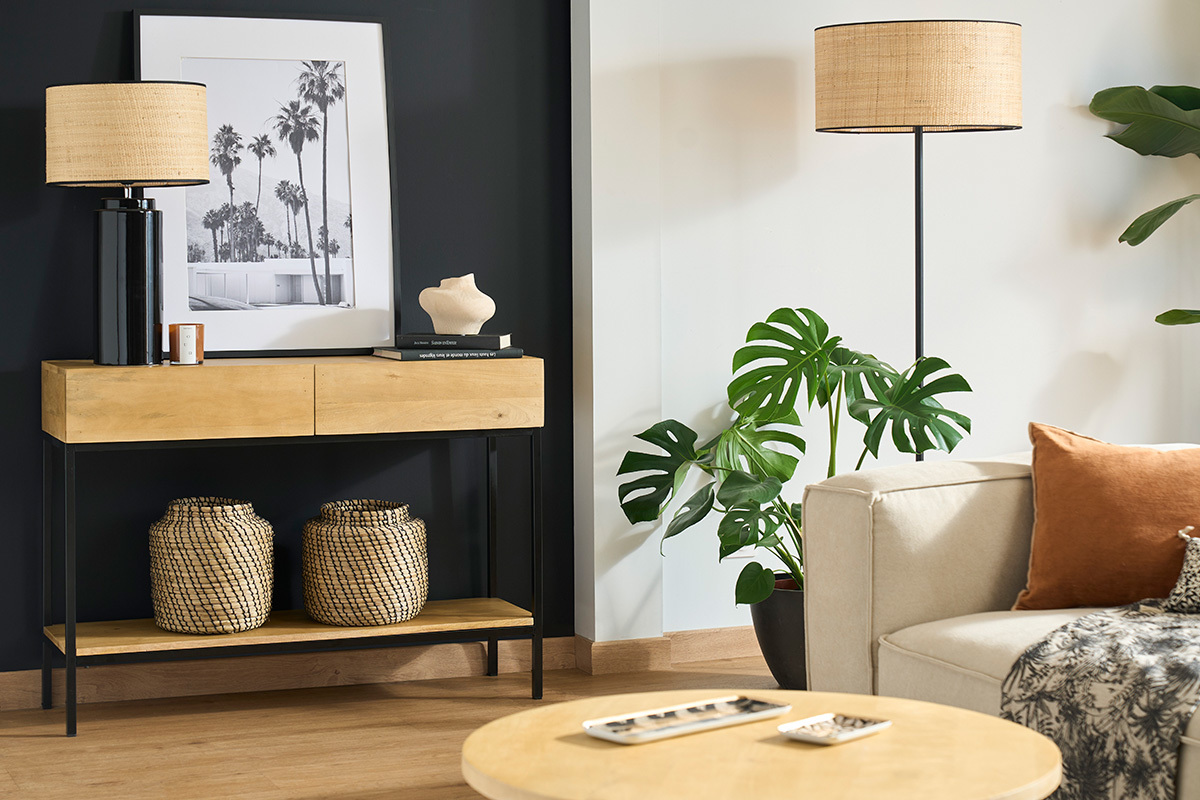 Console industrielle avec rangements 2 tiroirs en bois manguier massif et mtal noir L110 cm YPSTER