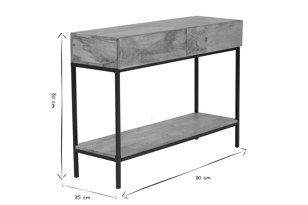 Console industrielle avec rangements 2 tiroirs en bois manguier massif et mtal noir L110 cm YPSTER