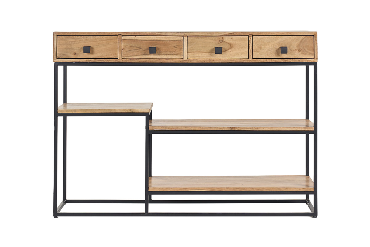 Console industrielle GRENELLE en bois et m�tal noir, 4 tiroirs, 3 �tag�res, vue de face.