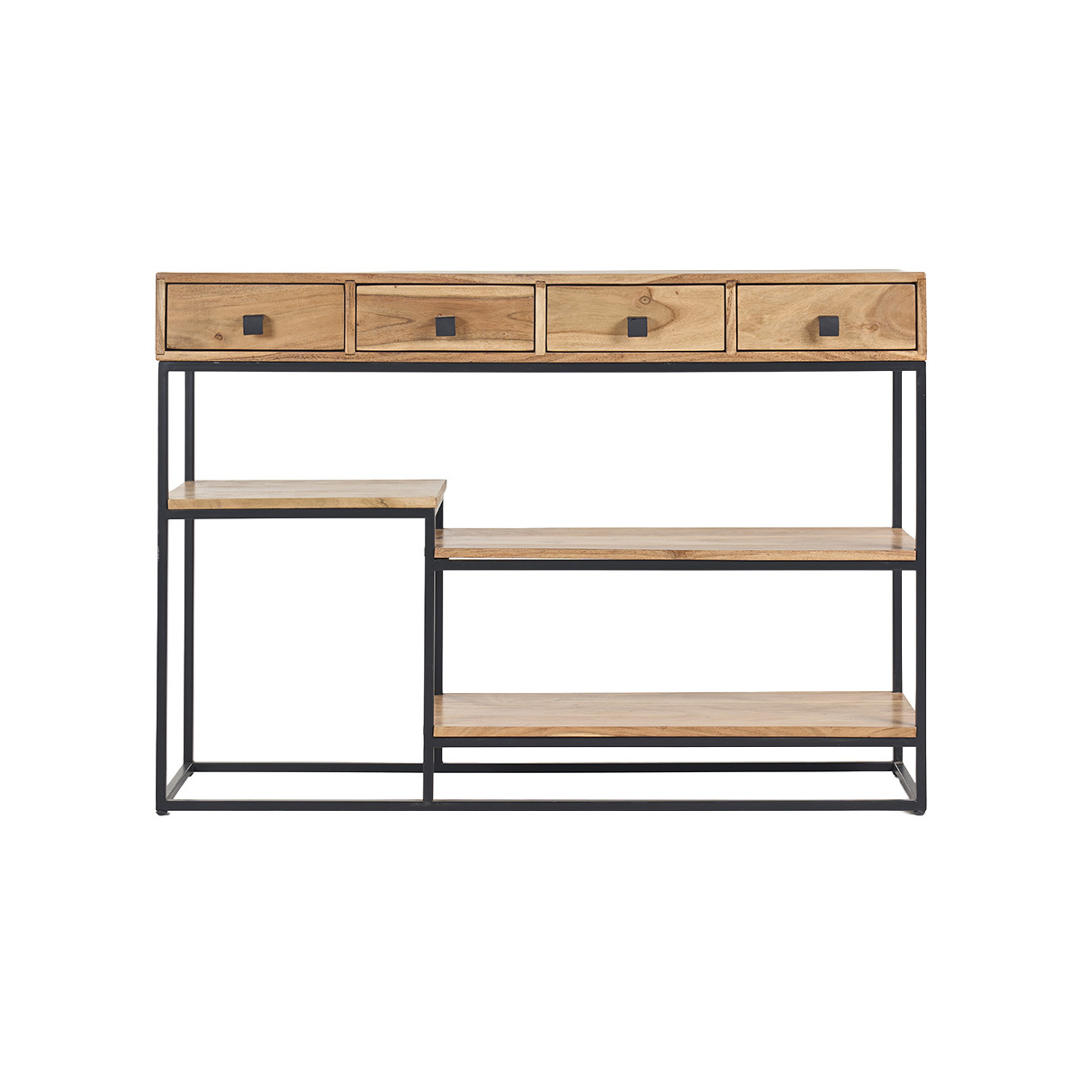 Console industrielle avec rangements 4 tiroirs en bois massif et métal noir L115 cm GRENELLE Console industrielle avec rangements 4 tiroirs en bois massif et métal noir L115 cm GRENELLE
