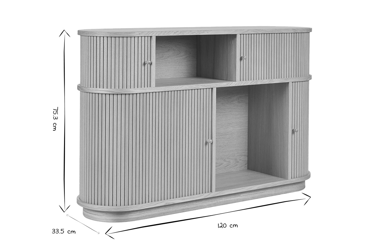 Console EPIC en bois clair avec portes coulissantes, 120x33.5x75.3 cm, vue de c�t�, noir et blanc.
