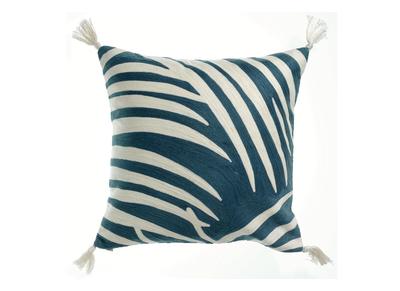 Coussin brod&eacute; en coton avec pompons bleu 45 x 45 cm ZEBRA