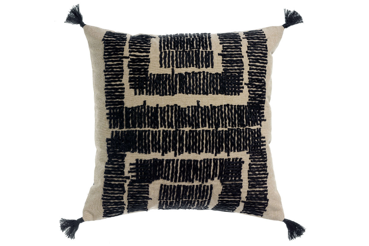 Coussin brod� en coton naturel et noir 45 x 45 cm COCO