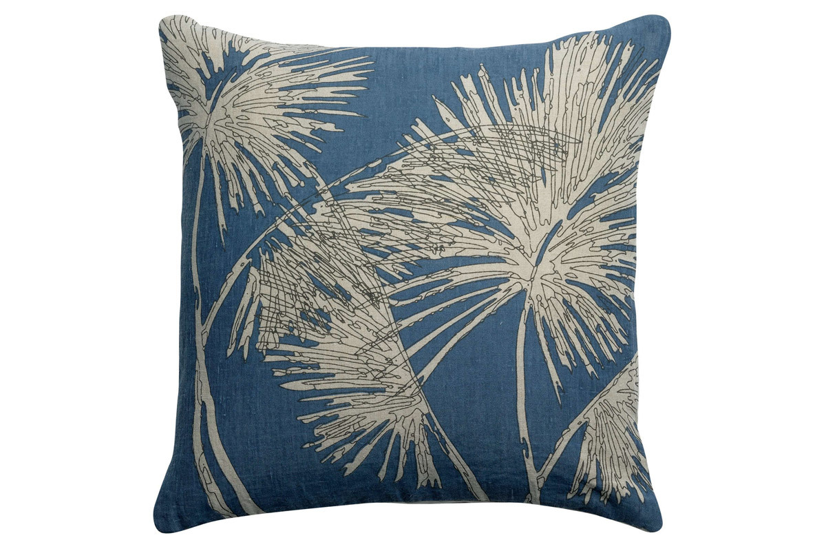 Coussin en lin bleu motif palmier 45 x 45 cm NATURA