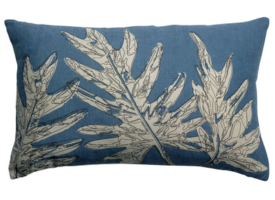 Coussin en lin bleu motifs feuillages 50 x 30 cm NATURA