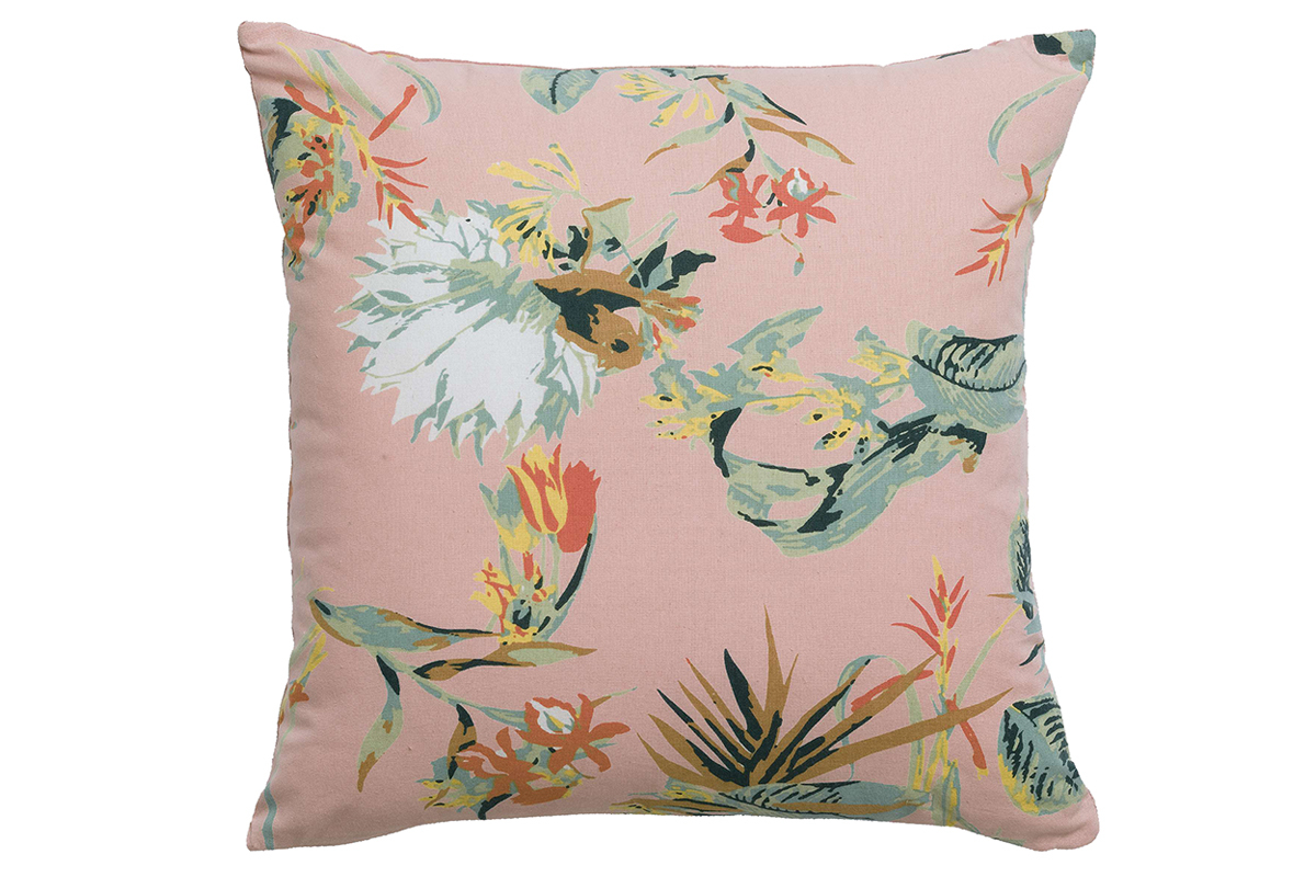 Coussin imprim� fleurs en velours rose 45 x 45 cm FLUM