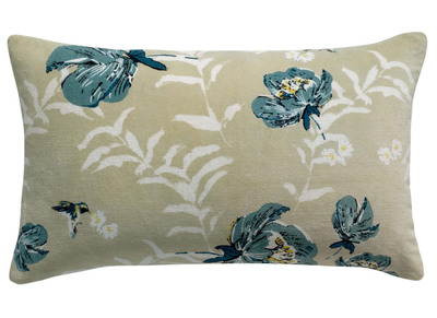 Coussin imprim&eacute; fleurs velours beige et vert 40 x 65 cm FIORI