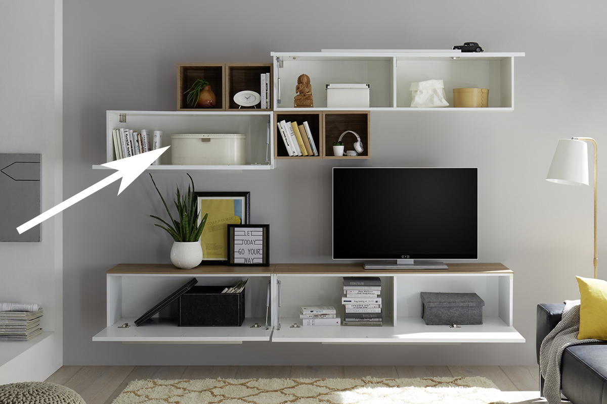 �l�ment mural TV laqu� blanc brillant avec baguette L95 cm ETERNEL