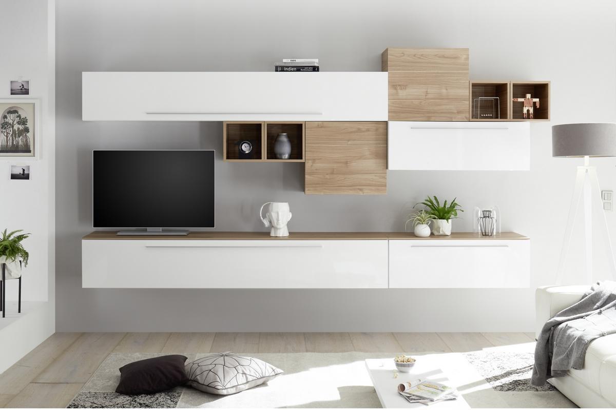 �l�ment mural TV laqu� blanc brillant avec baguette L95 cm ETERNEL