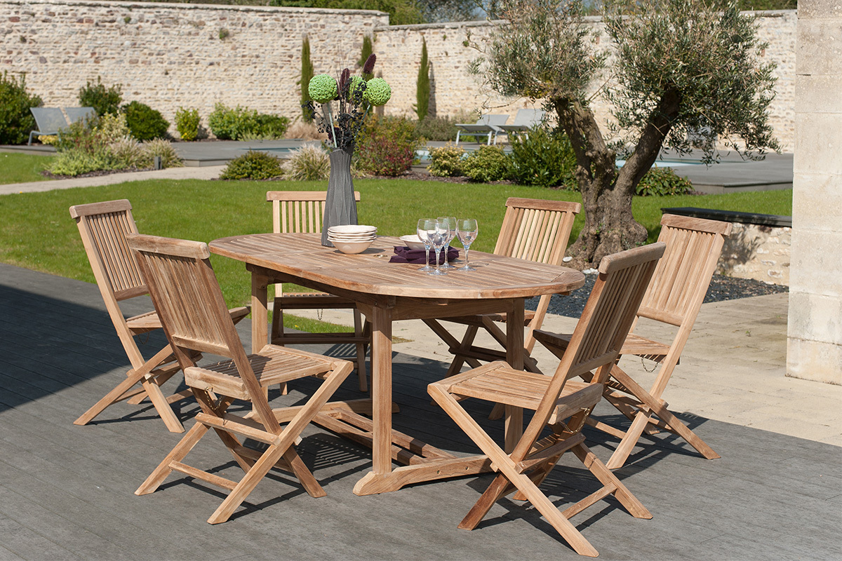 Ensemble table de jardin et  6 chaises en teck SANTALUZ