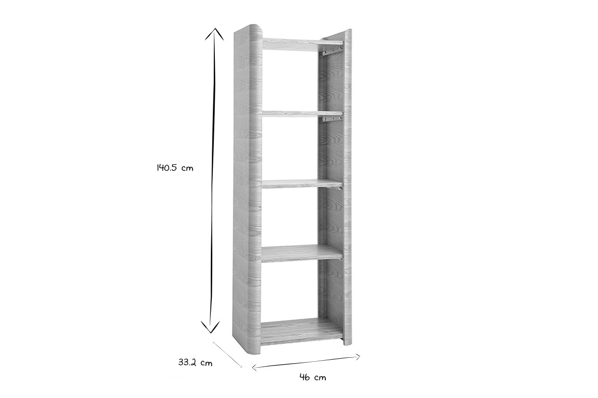 Dimensions de l'�tag�re NAHIA : Hauteur 140,5 cm, Largeur 46 cm, Profondeur 33,2 cm en noir et blanc.