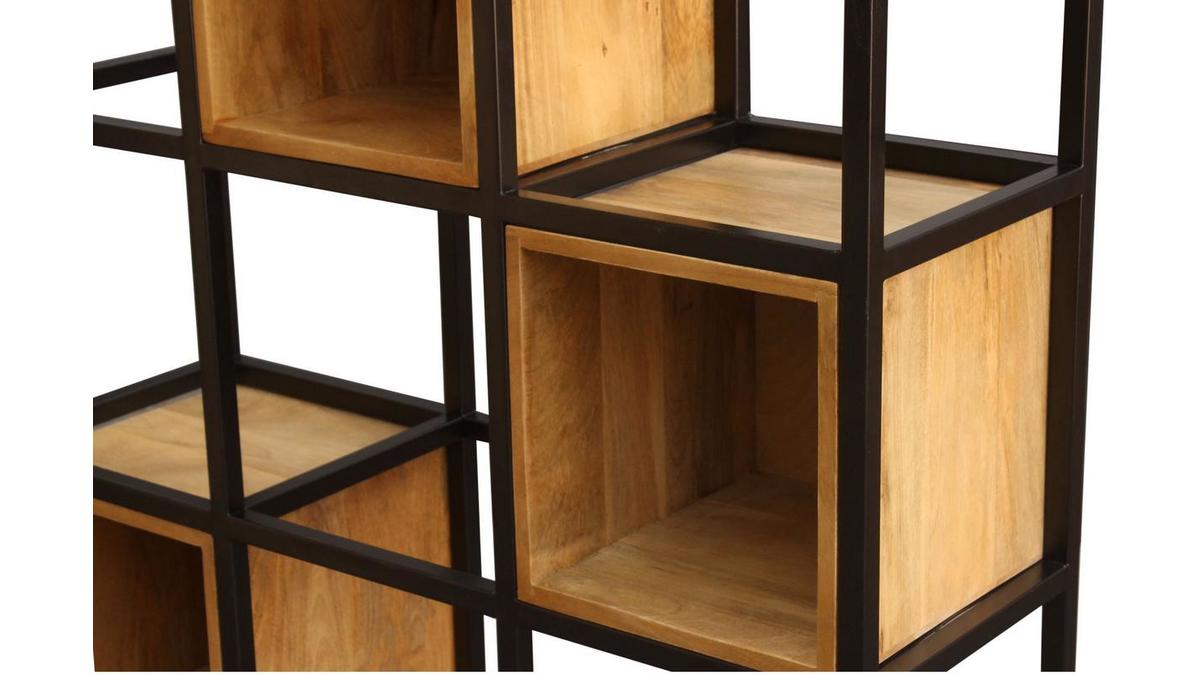 Etagère - meuble séparateur d'espace en bois clair manguier massif et métal noir L90 cm FINLEY