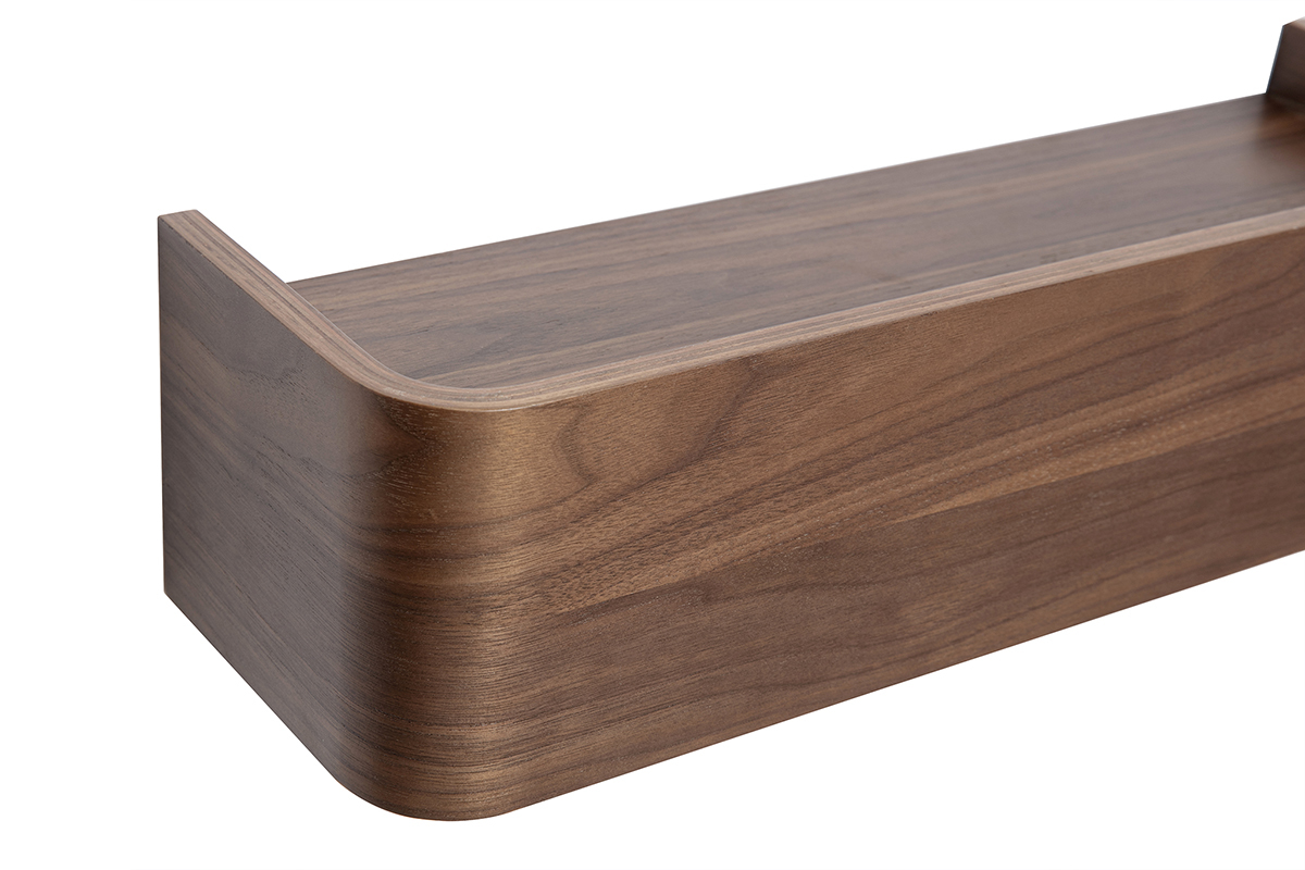 �tag�re murale en bois de noyer fonc�, vue de c�t� zoom�e.