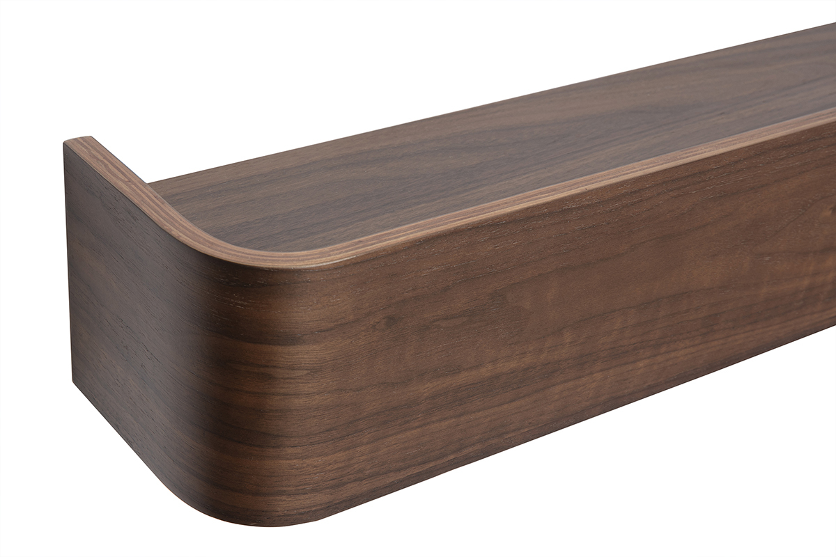�tag�re murale en bois fonc� noyer avec rebords courb�s, vue de c�t� zoom�e.