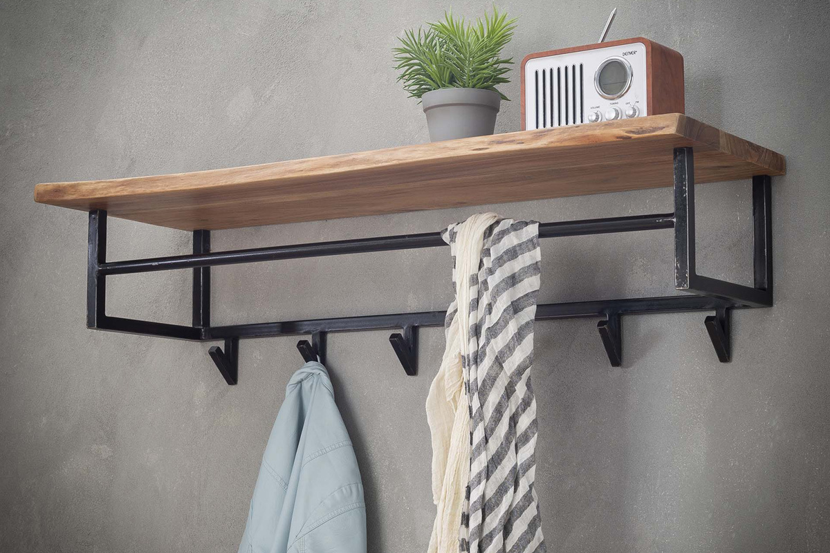 �tag�re murale porte-manteau en acacia massif et m�tal noir LORD