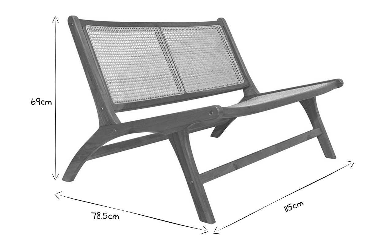 Fauteuil 2 places en bois teck massif et cannage en rotin naturel HAMMA