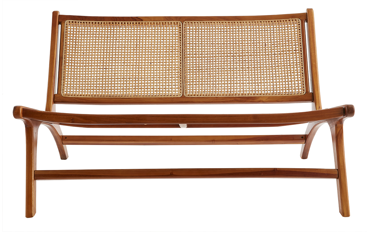Fauteuil 2 places en bois teck massif et cannage en rotin naturel HAMMA