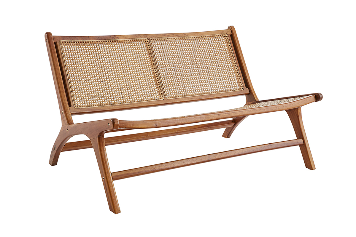 Fauteuil 2 places en bois teck massif et cannage en rotin naturel HAMMA