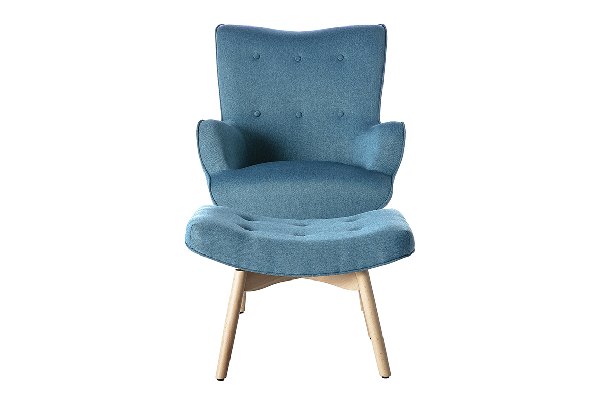 Fauteuil avec repose-pieds scandinave en tissu bleu canard et bois clair BRISTOL
