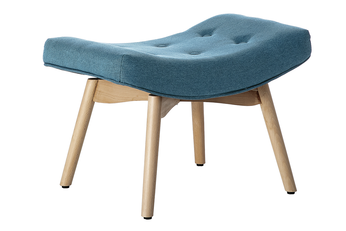 Fauteuil avec repose-pieds scandinave en tissu bleu canard et bois clair BRISTOL