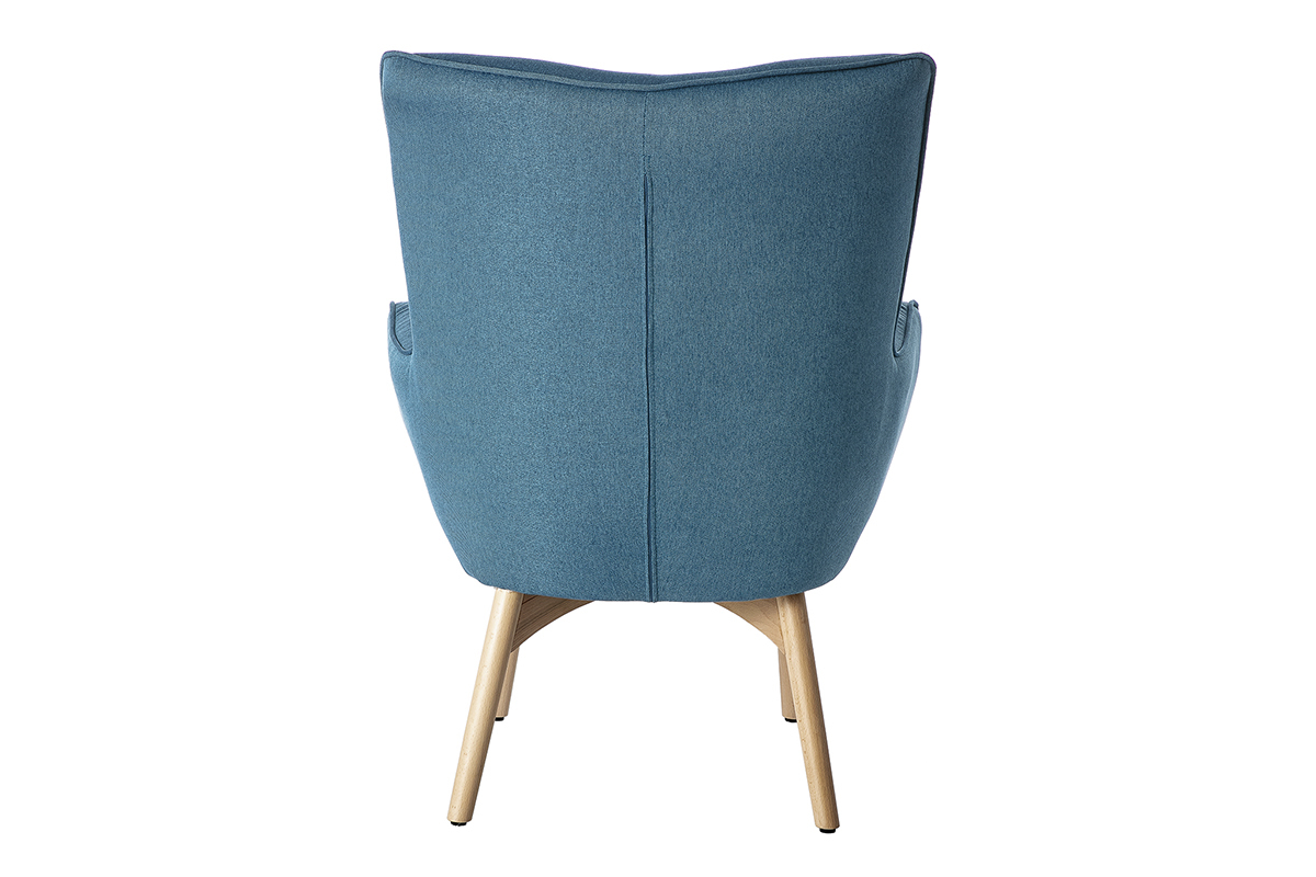 Fauteuil avec repose-pieds scandinave en tissu bleu canard et bois clair BRISTOL