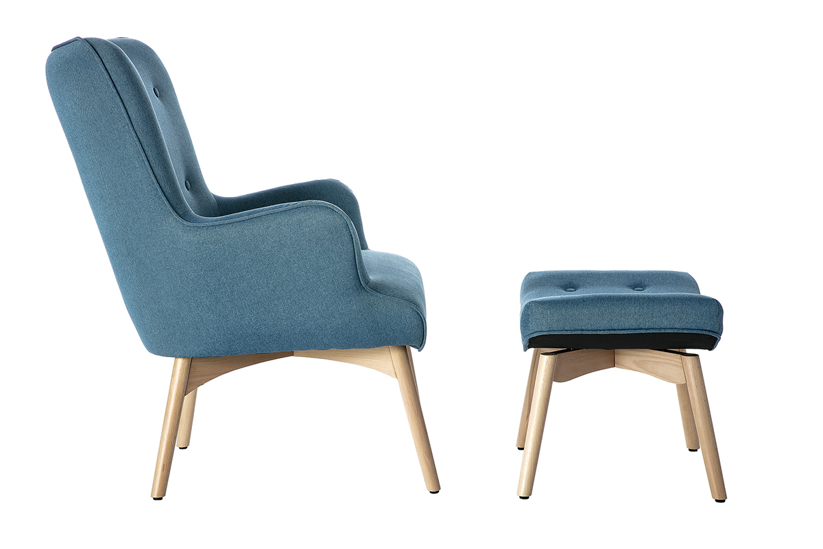 Fauteuil avec repose-pieds scandinave en tissu bleu canard et bois clair BRISTOL